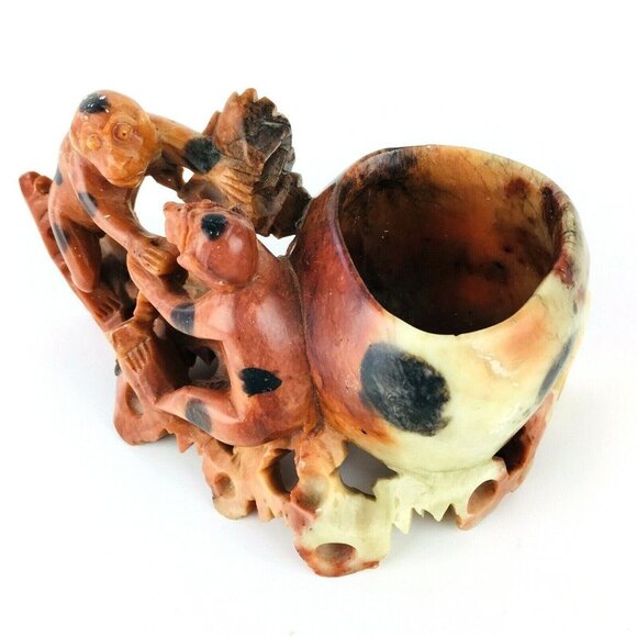 Vintage Detailed Hand Carved Soapstone Figurine Two Monkey's Bowl/Vase - Picture 5 of 11